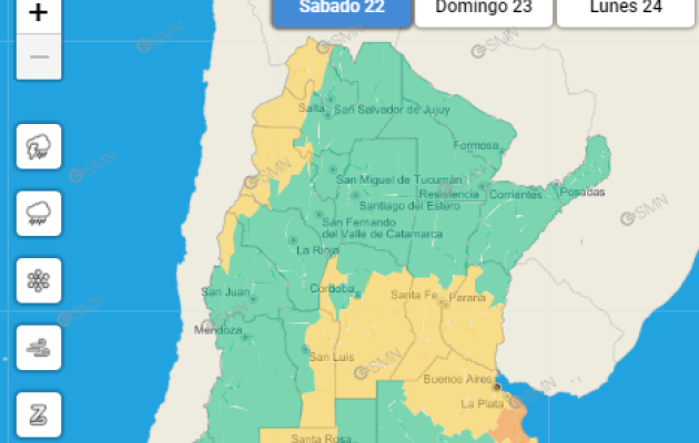 El mapa del Servicio Meteorológico Nacional y el alerta por fuertes vientos y lluvia.